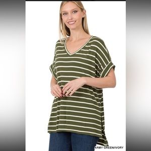 Women’s short sleeved top by Zenana. Color is olive w/ ivory stripes. NWT SZ 1X